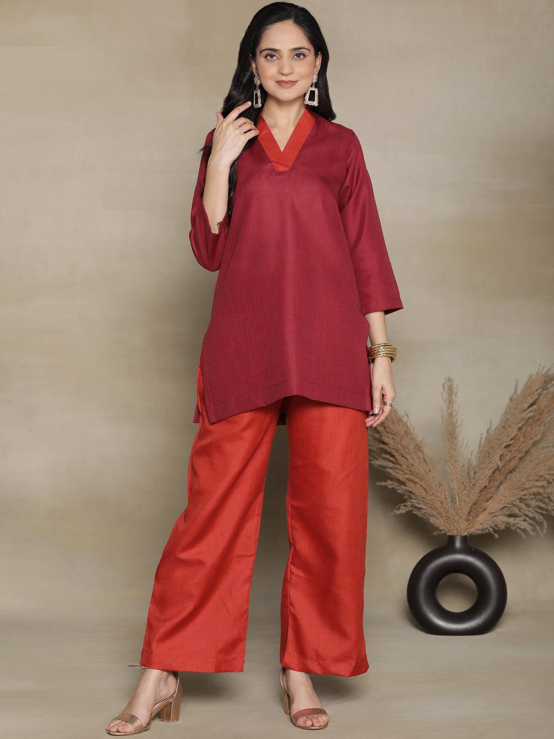 Maroon CottonSlub V-NeckTop & Rust Palazzo