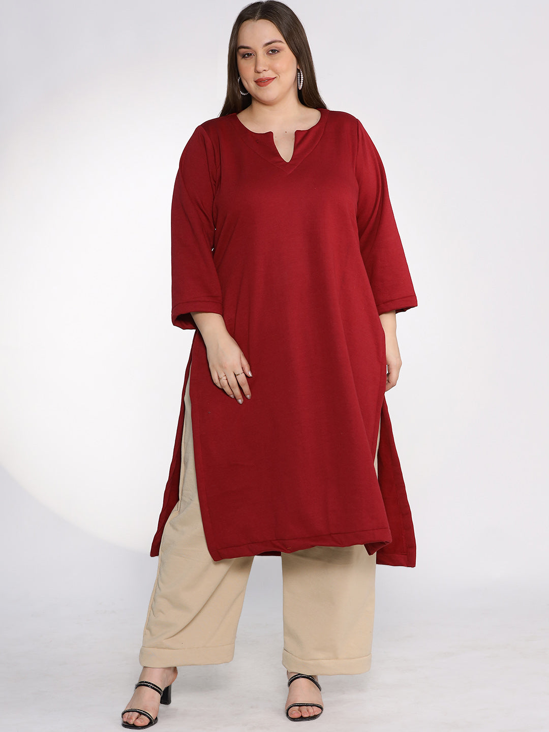 Maroon Fleece LongKurta - Solid