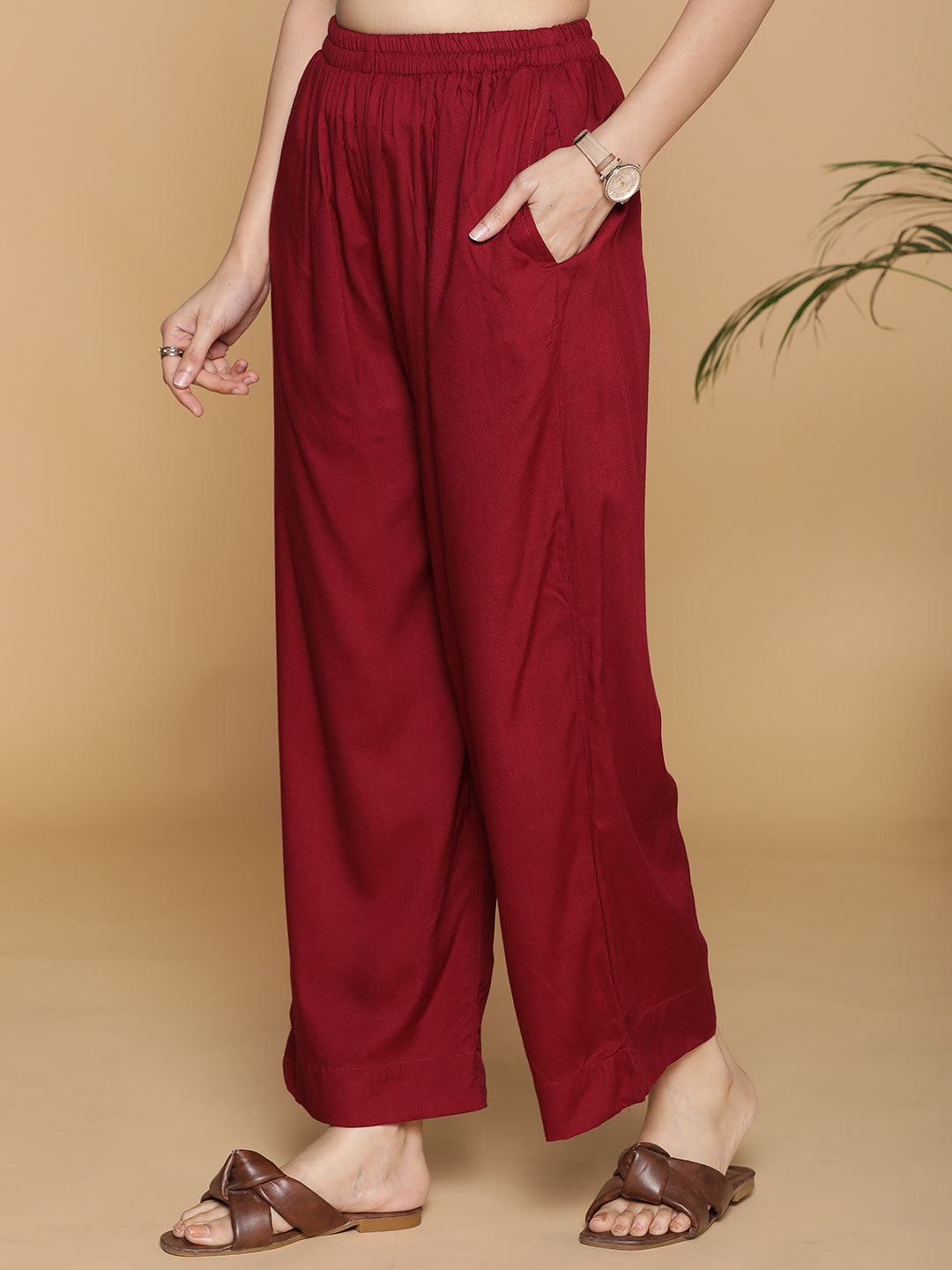 Maroon palazzo pants outfit best sale