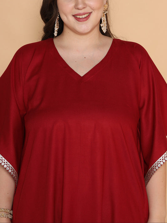 Maroon Rayon Embellished Kaftan Kurta