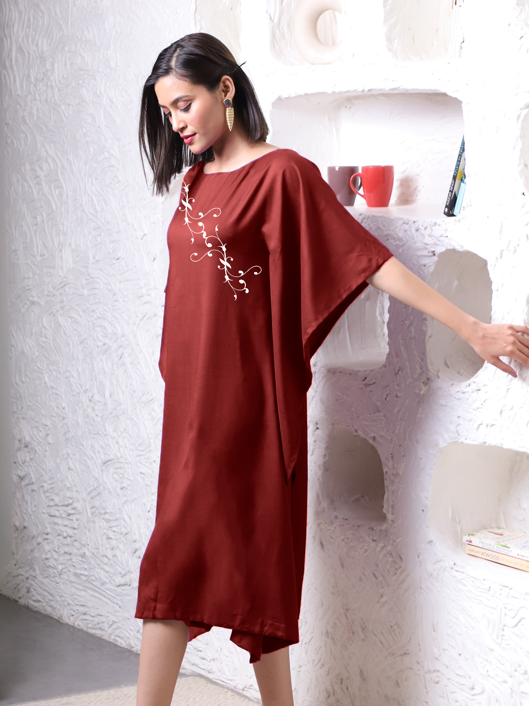 Maroon Rayon Long-Kaftan - Branch