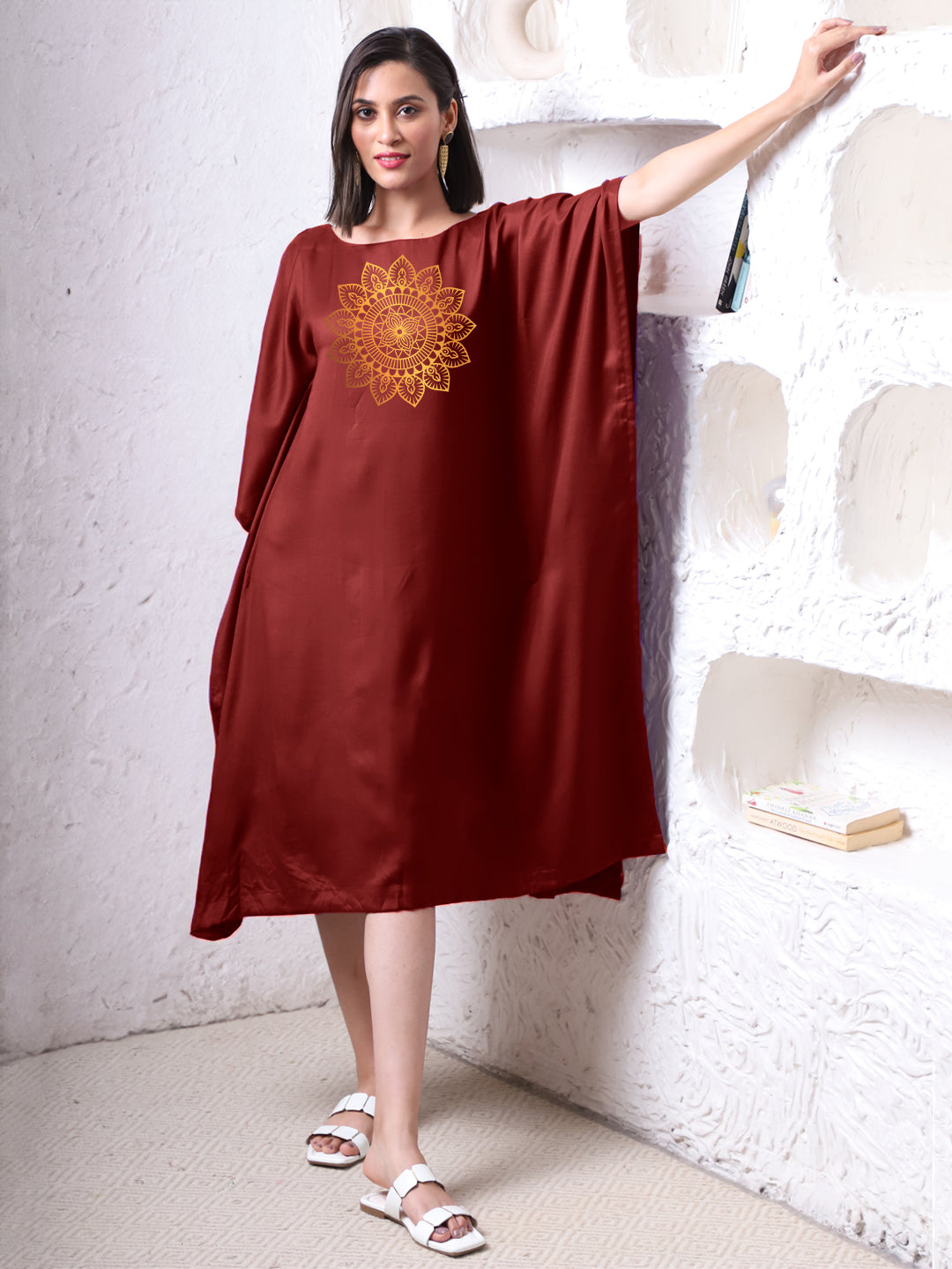 Maroon Rayon Long-Kaftan - Wheel