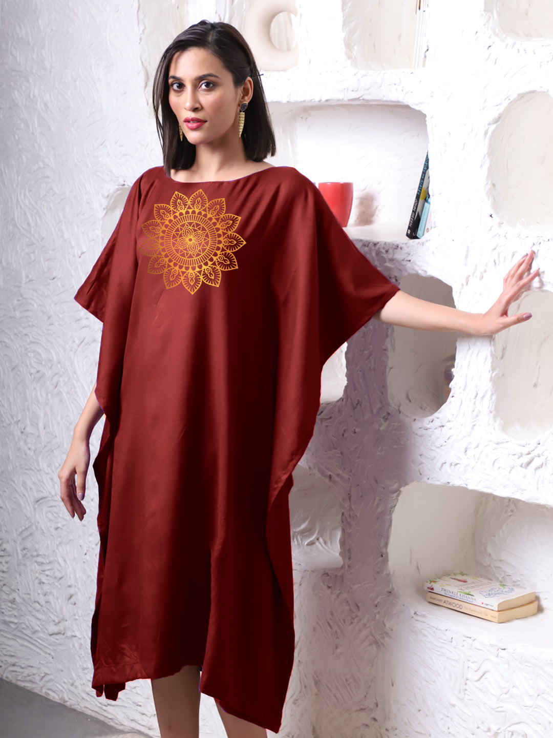 Maroon Rayon Long-Kaftan - Wheel