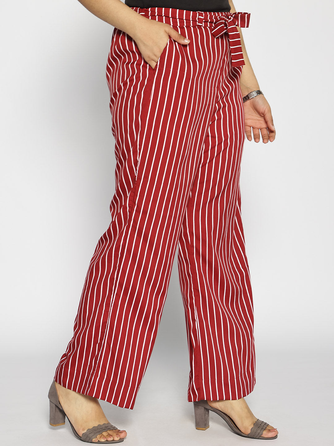 Maroon Striped Belted Trousers