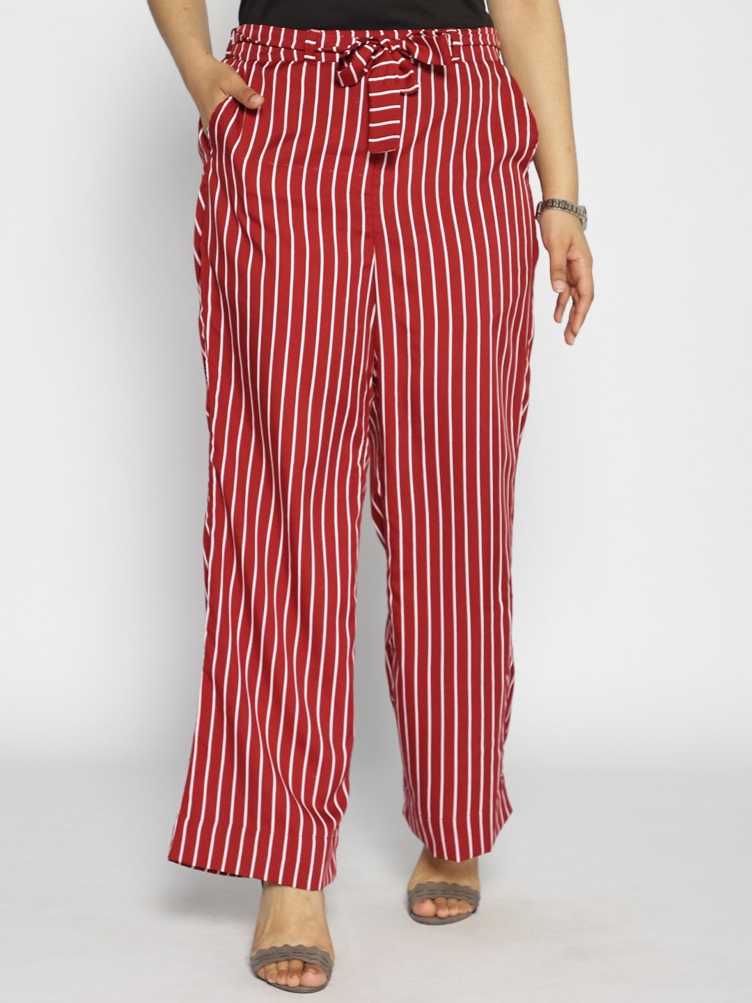 Maroon Striped Belted Trousers