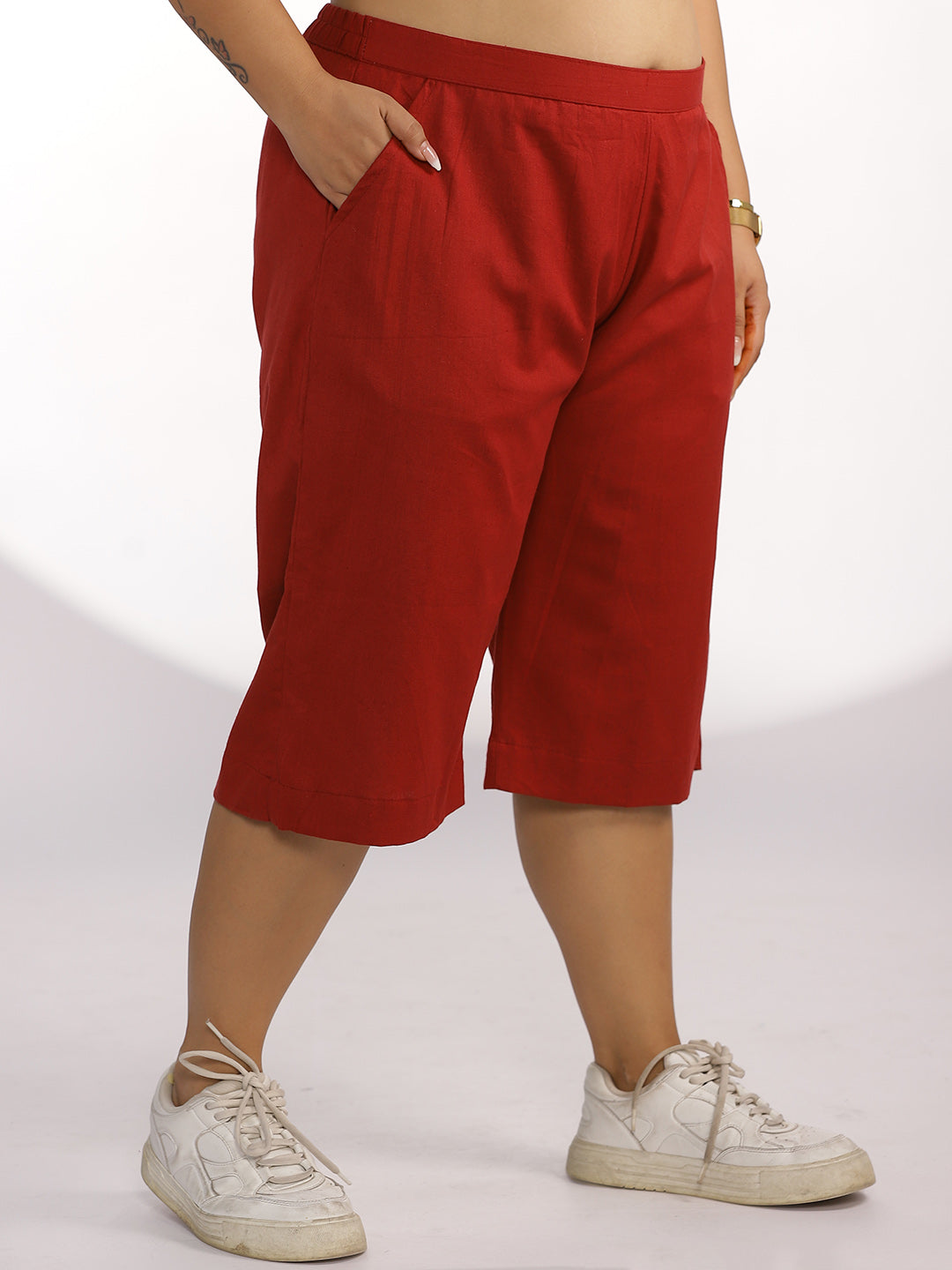 Maroon Cotton Knee-Length Shorts