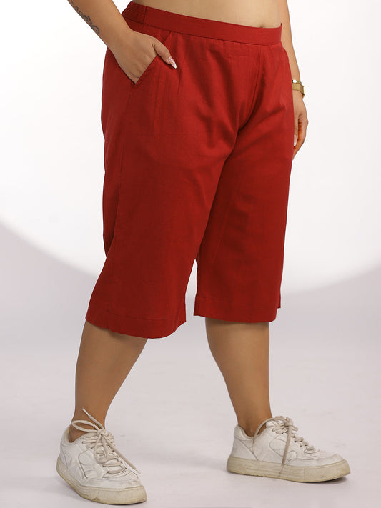 Maroon Cotton Knee-Length Shorts