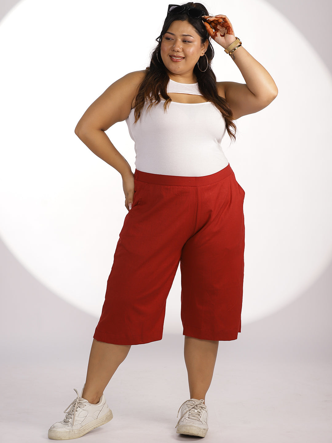 Maroon Cotton Knee-Length Shorts