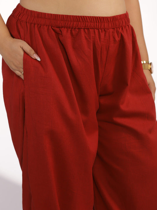 Maroon Cotton Mom-Fit Pants