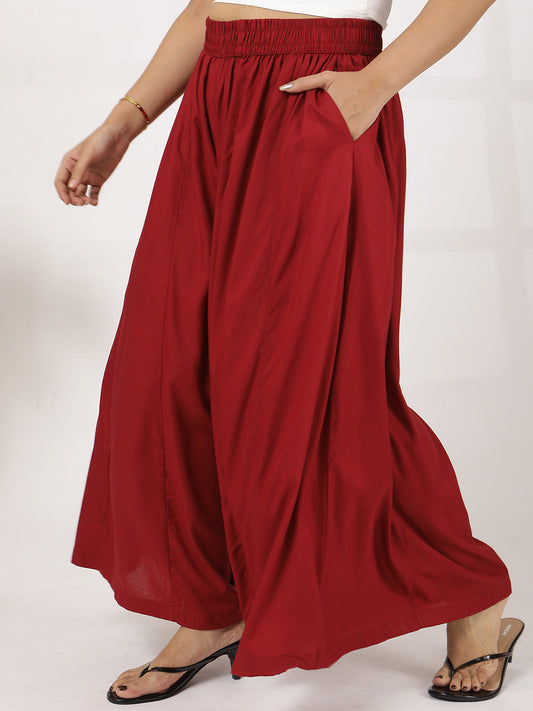 Maroon Rayon Flared Palazzo