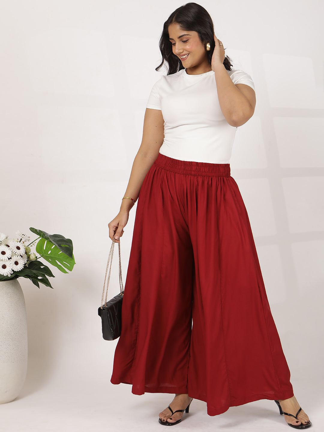 Maroon Rayon Flared Palazzo