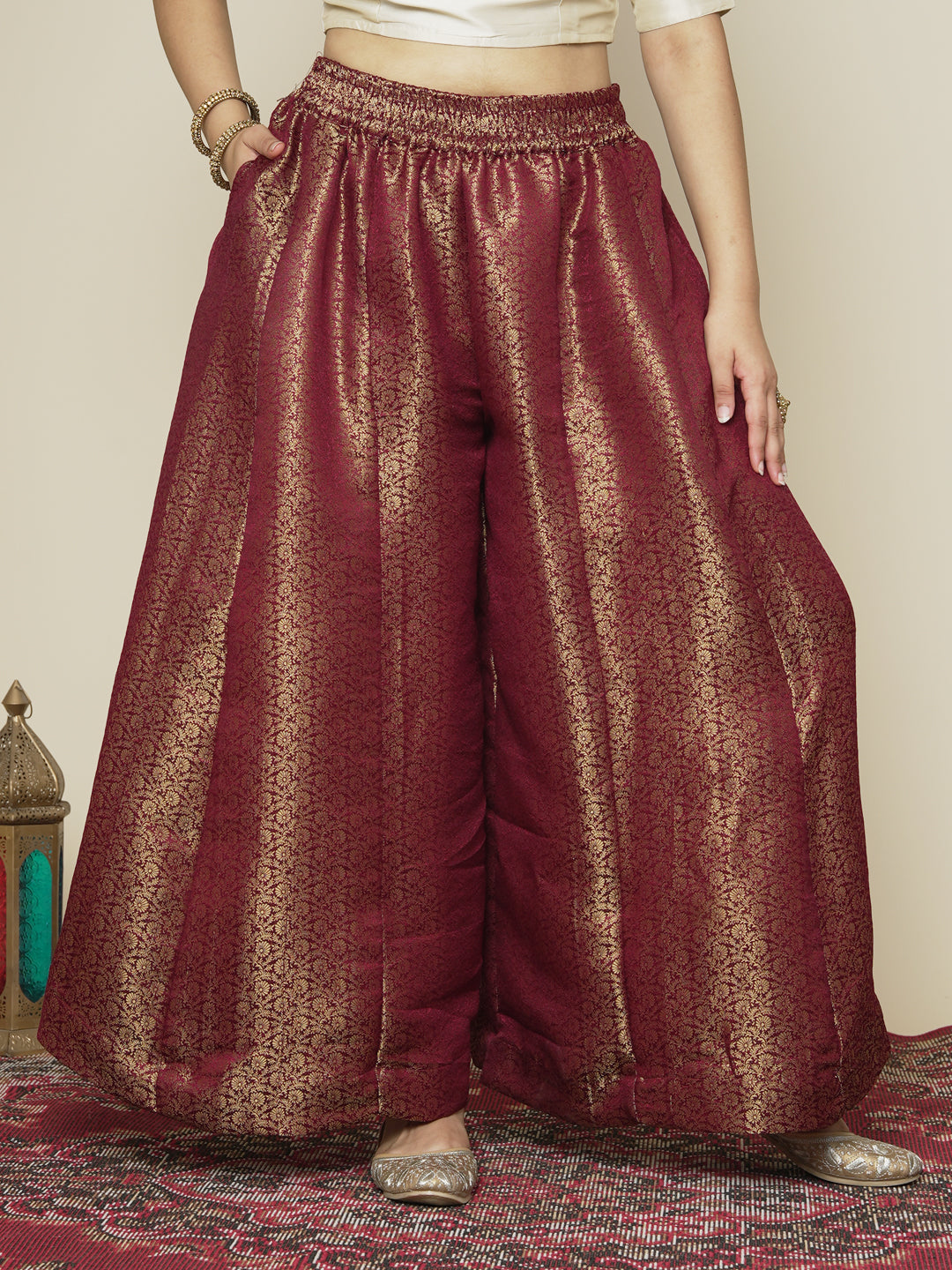 Maroon Floral Brocade Flared Palazzo
