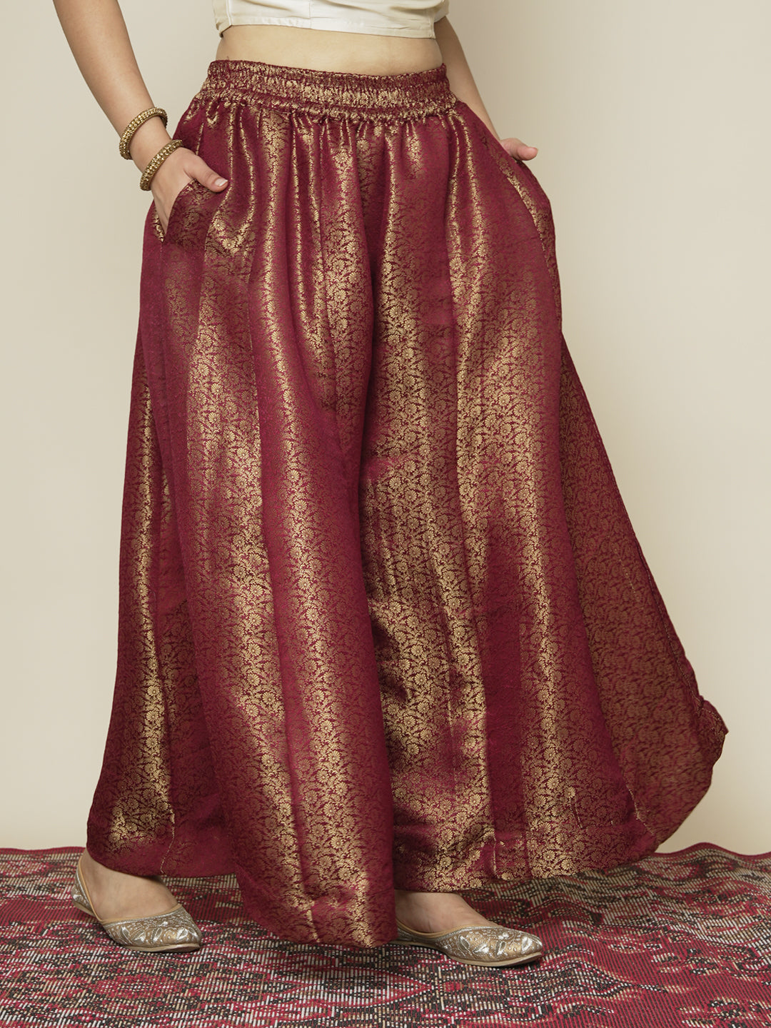 Maroon Floral Brocade Flared Palazzo