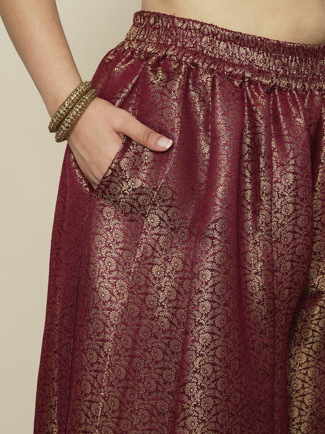 Maroon Floral Brocade Flared Palazzo