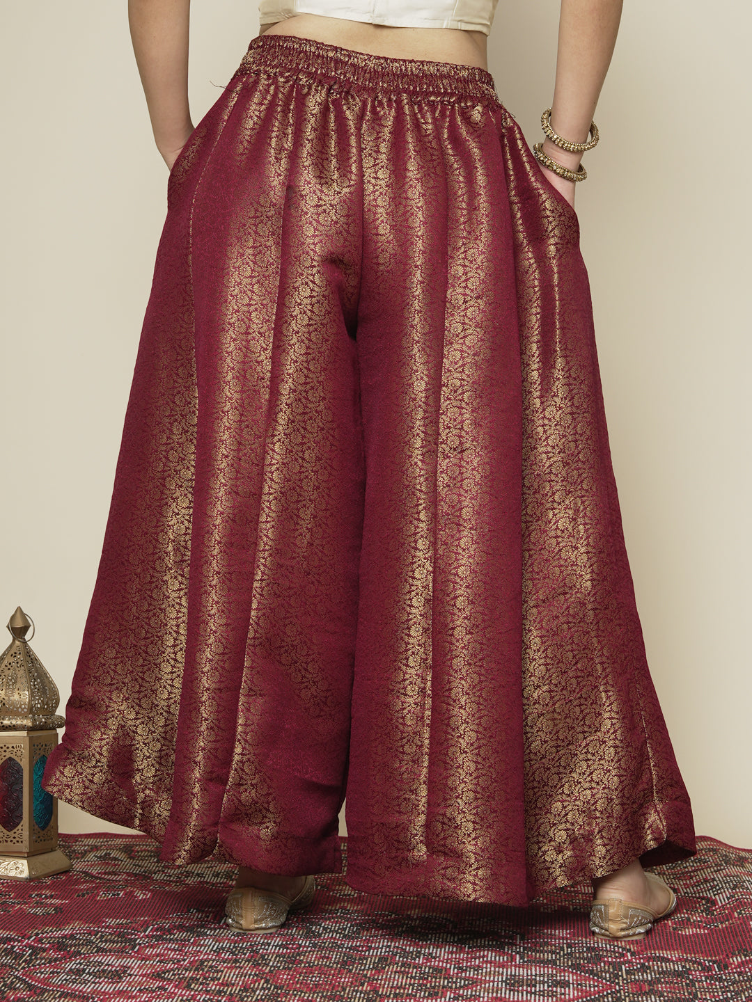 Maroon Floral Brocade Flared Palazzo