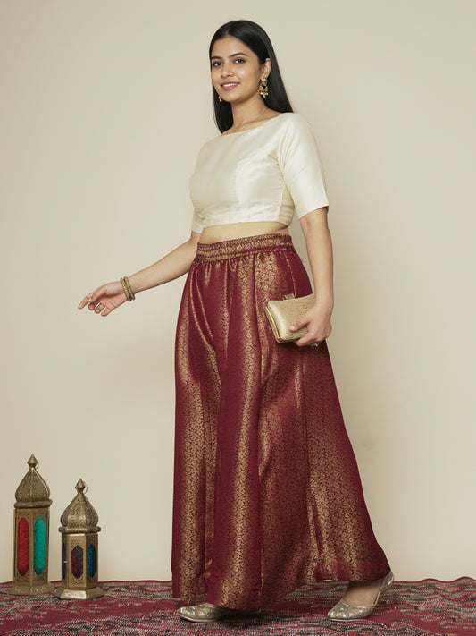 Maroon Floral Brocade Flared Palazzo