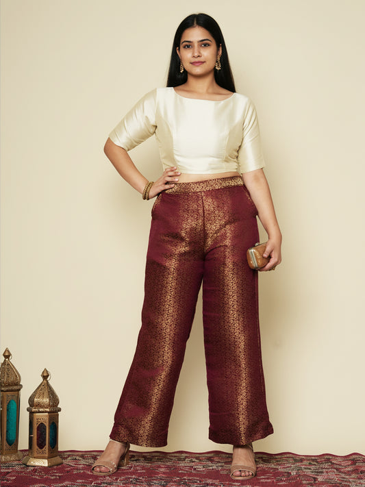 Maroon Floral Brocade Palazzo Pants
