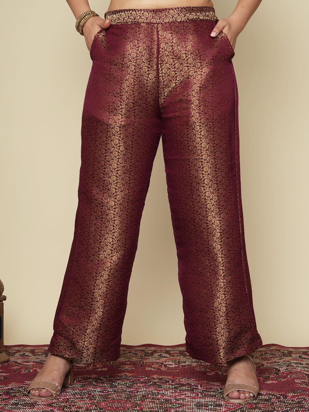 Maroon Floral Brocade Palazzo Pants