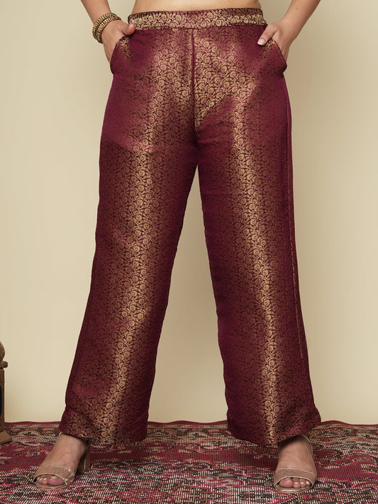 Maroon Floral Brocade Palazzo Pants
