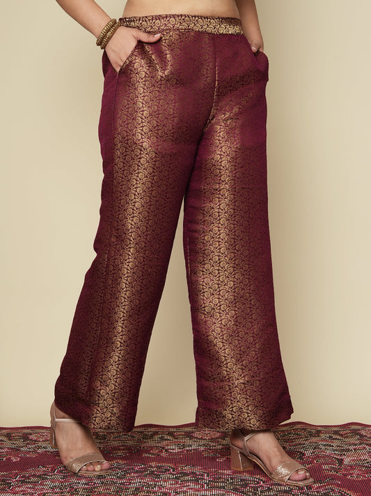 Maroon Floral Brocade Palazzo Pants