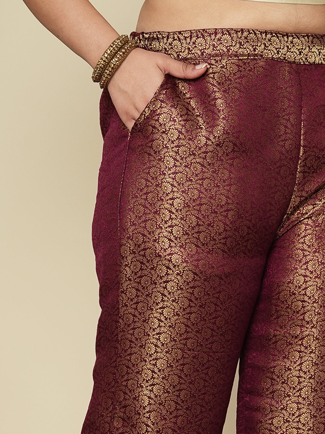 Maroon Floral Brocade Palazzo Pants