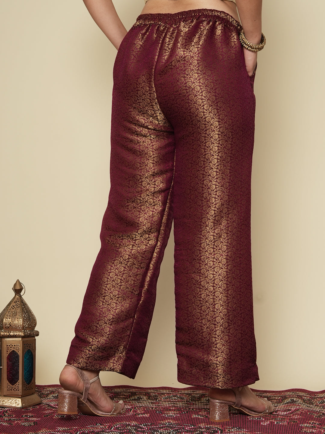 Maroon Floral Brocade Palazzo Pants