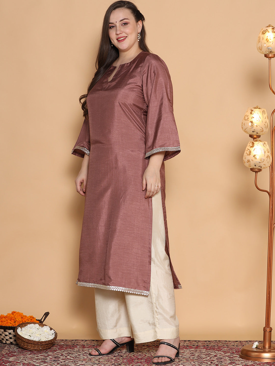 Mauve Silk Embellished Long Kurta