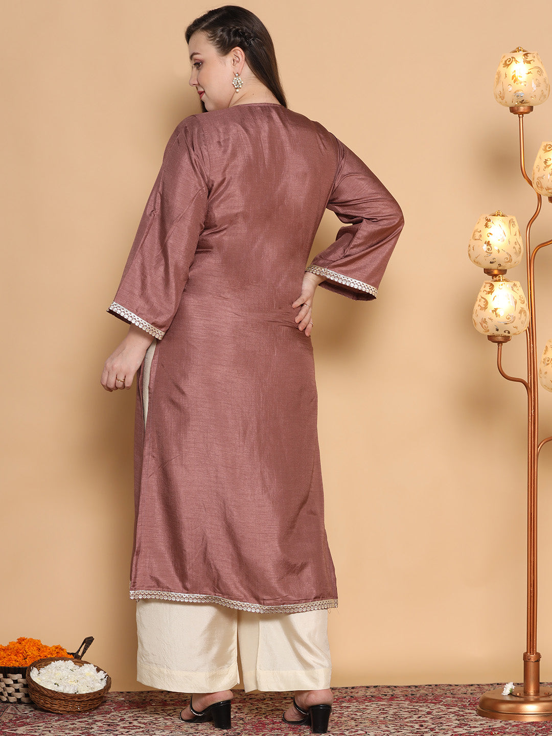 Mauve Silk Embellished Long Kurta