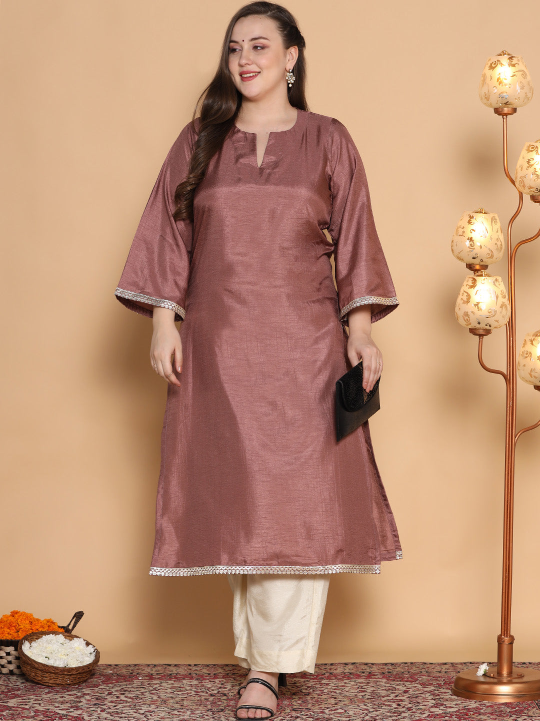 Mauve Silk Embellished Long Kurta