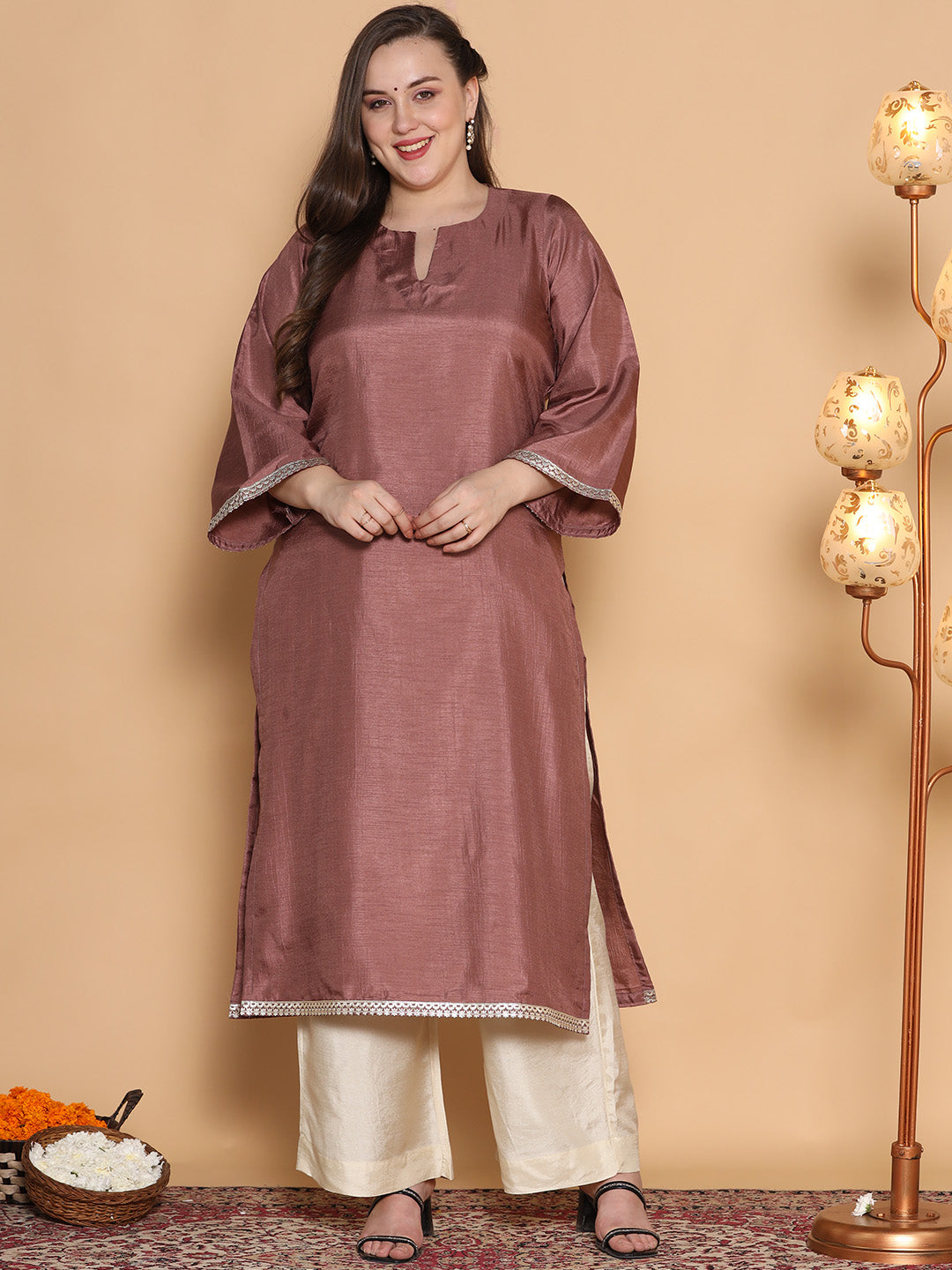 Mauve Silk Embellished Long Kurta