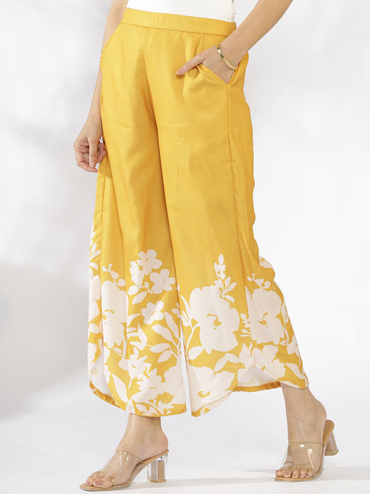 Mustard Printed Curved Palazzos - YellowFleur