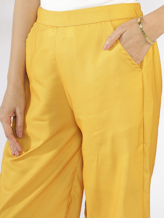 Mustard Printed Curved Palazzos - YellowFleur
