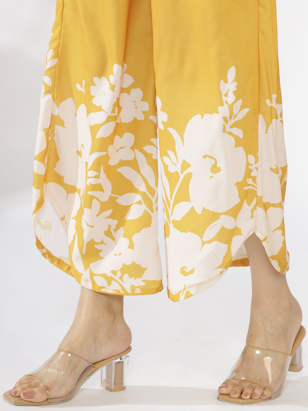 Mustard Printed Curved Palazzos - YellowFleur
