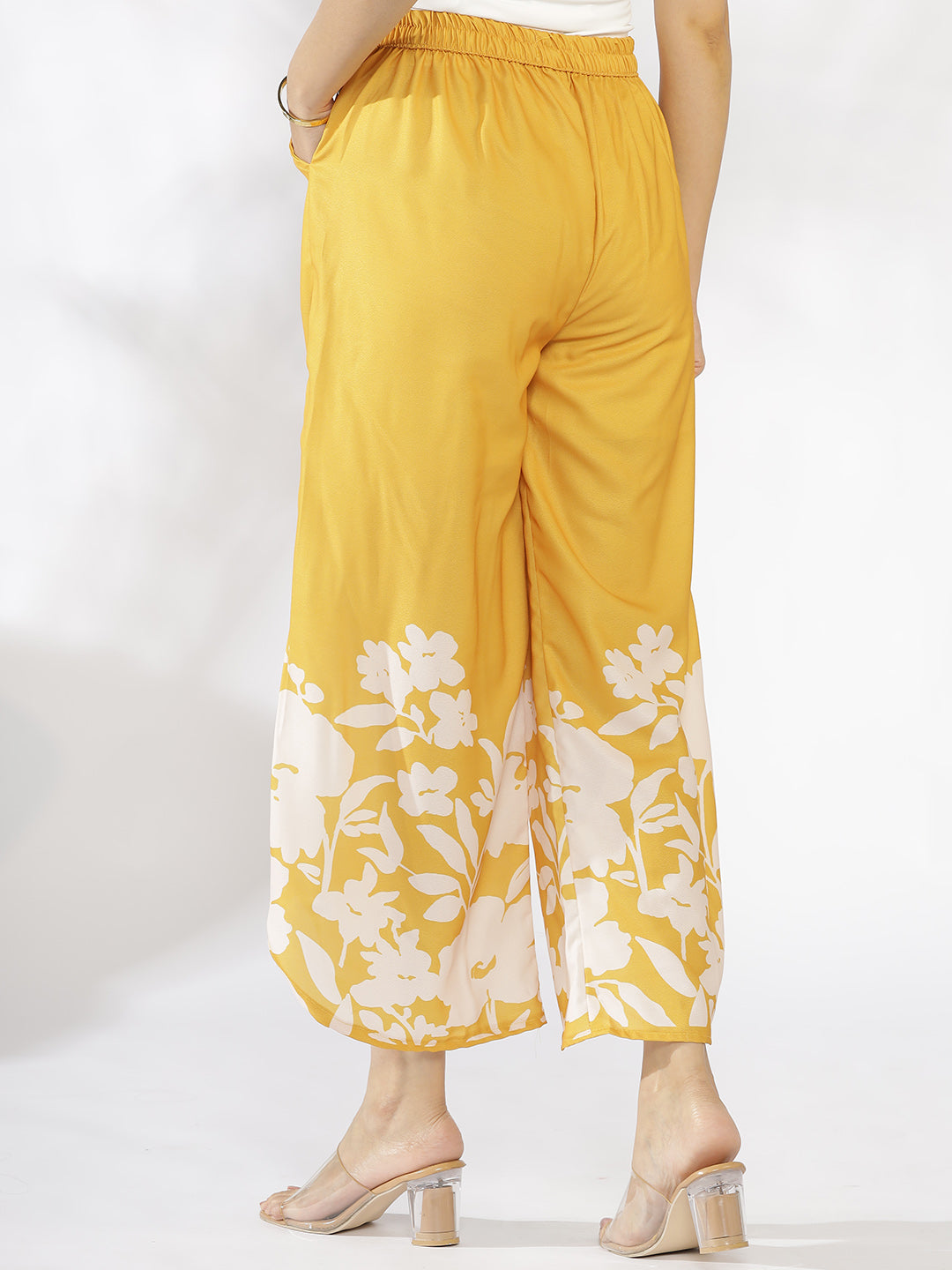 Mustard Printed Curved Palazzos - YellowFleur