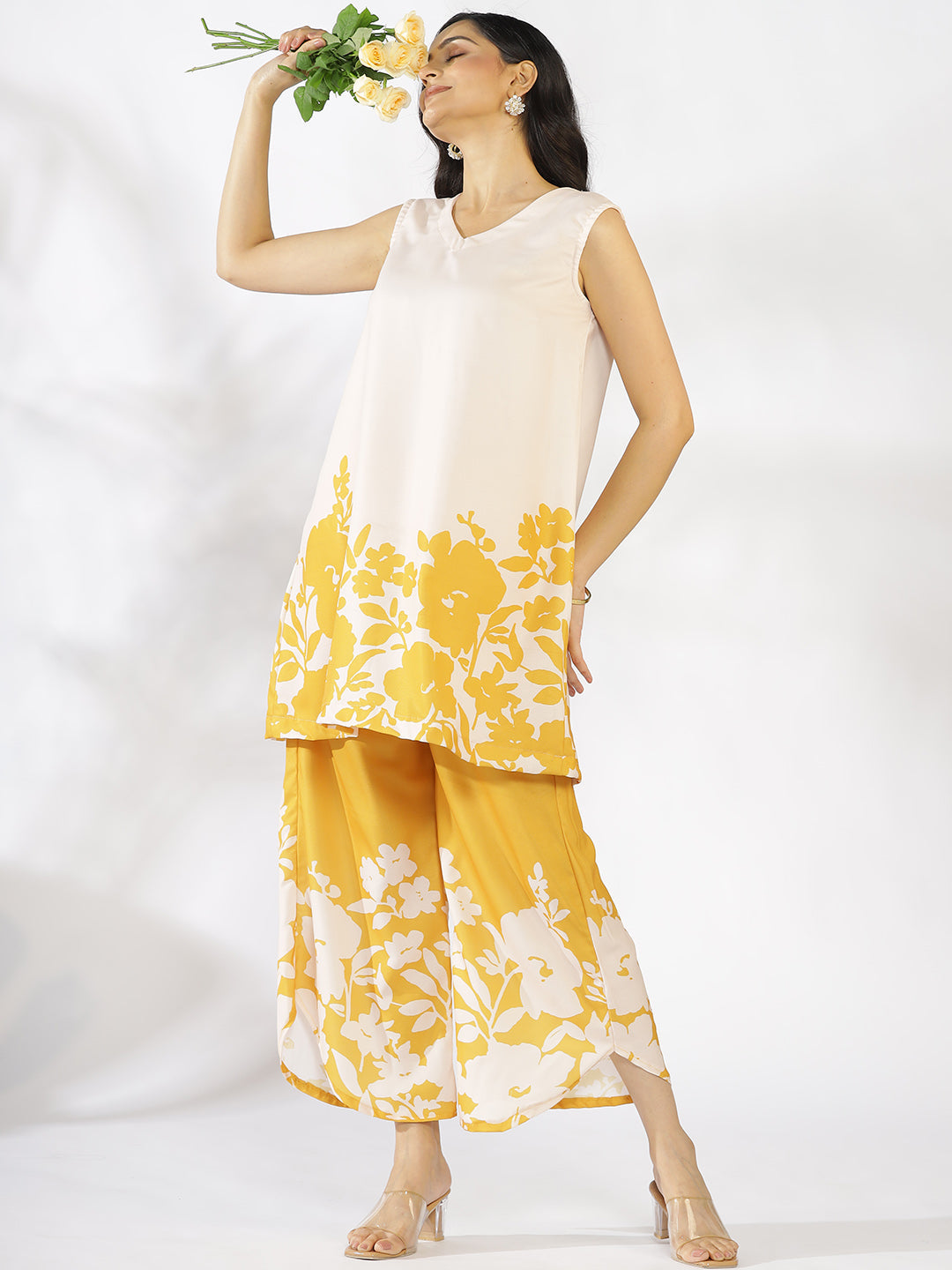 Mustard Printed Curved Palazzos - YellowFleur