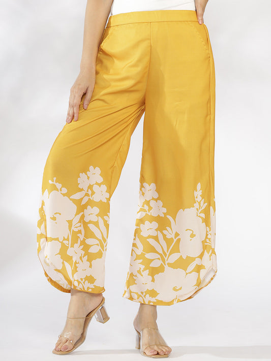 Mustard Printed Curved Palazzos - YellowFleur