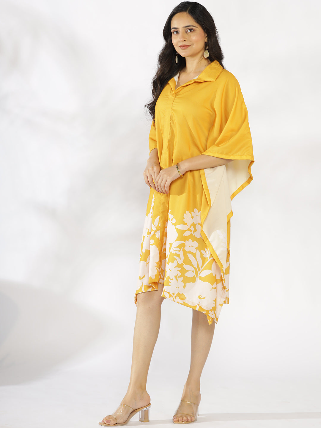 Mustard Printed Shirt Kaftan - YellowFleur