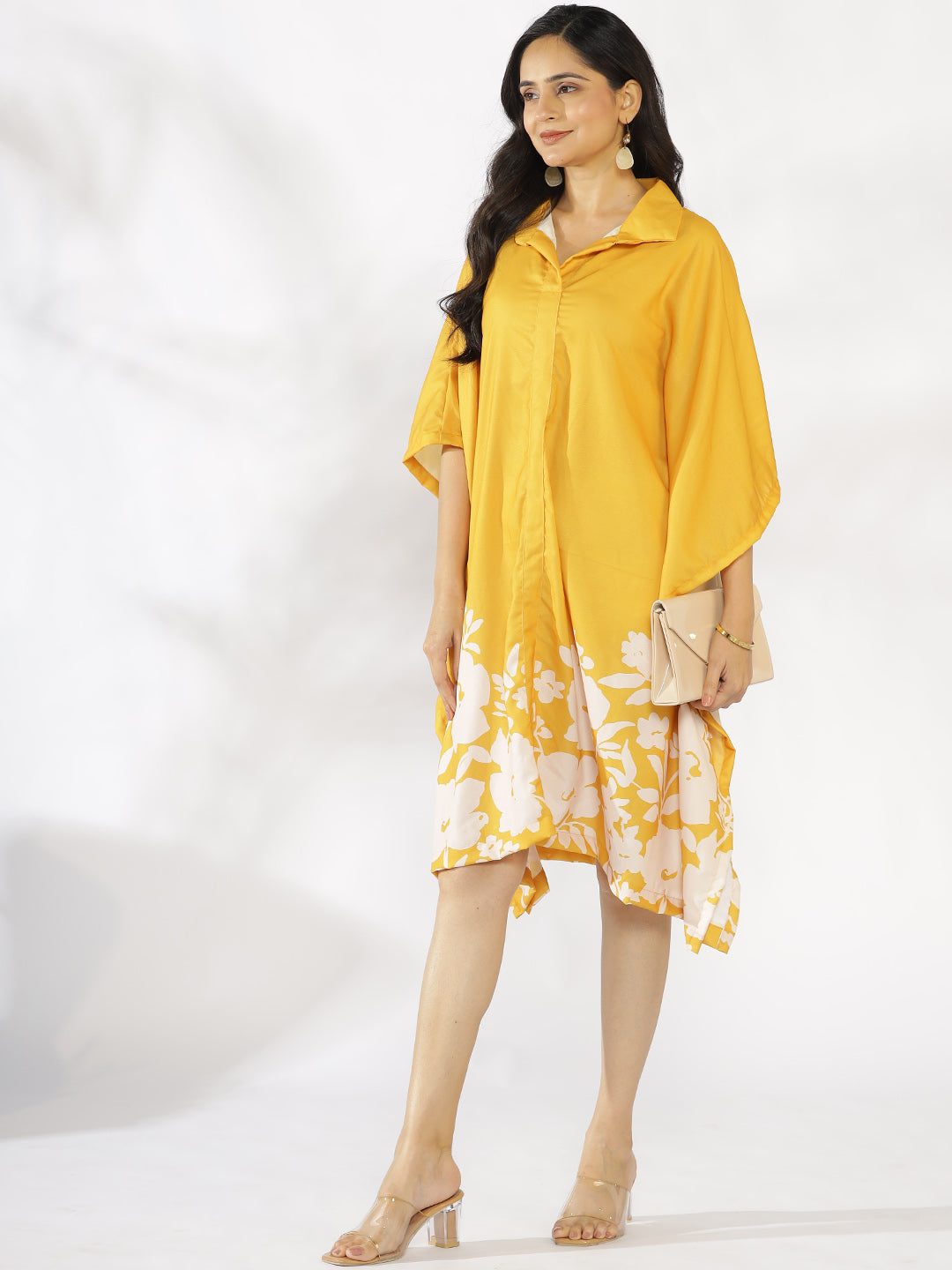 Mustard Printed Shirt Kaftan - YellowFleur