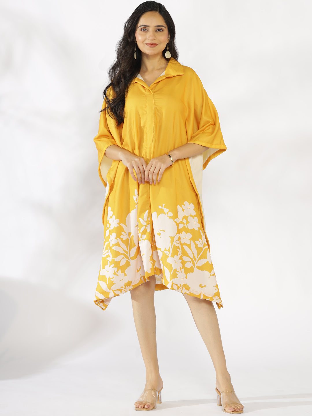 Mustard Printed Shirt Kaftan - YellowFleur
