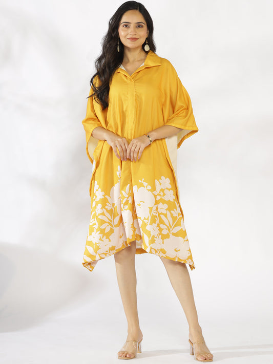 Mustard Printed Shirt Kaftan - YellowFleur