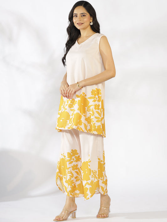 Mustard Printed V-Neck Sleeveless Kurti & Curved Palazzos - Amberly