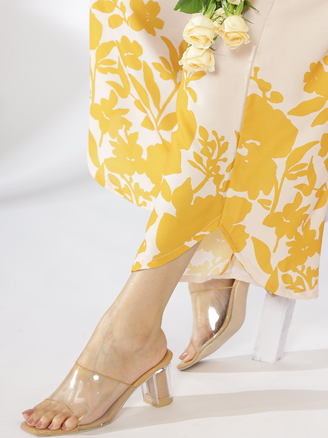 Mustard Printed V-Neck Sleeveless Kurti & Curved Palazzos - Amberly