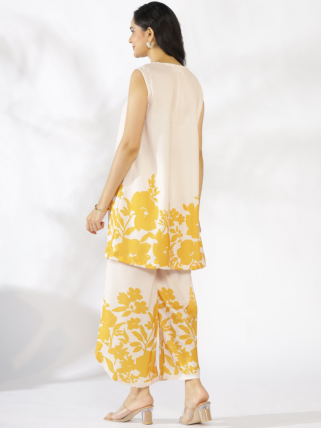Mustard Printed V-Neck Sleeveless Kurti & Curved Palazzos - Amberly