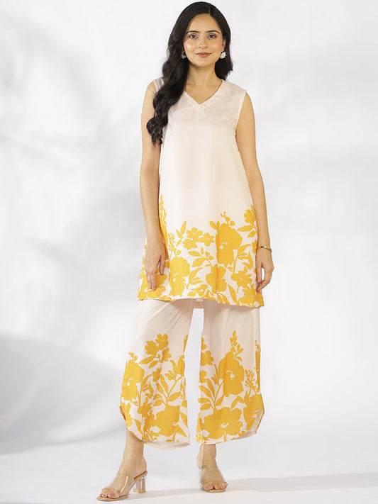 Mustard Printed V-Neck Sleeveless Kurti & Curved Palazzos - Amberly
