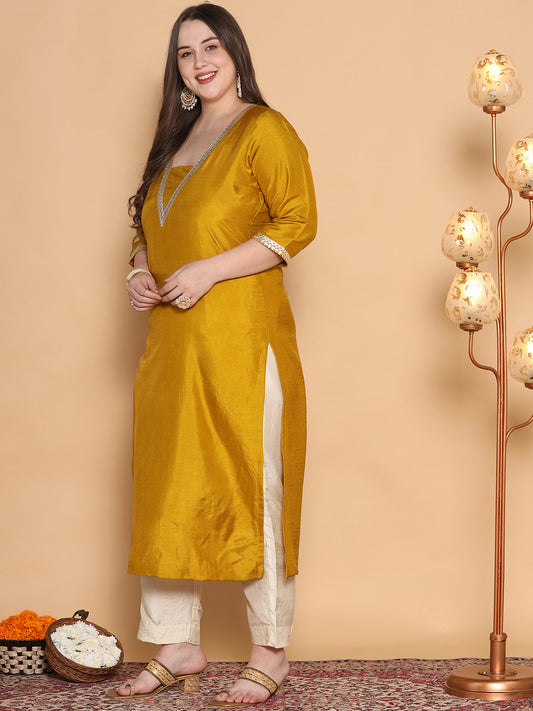 Mustard Silk Embellished Straight Kurta