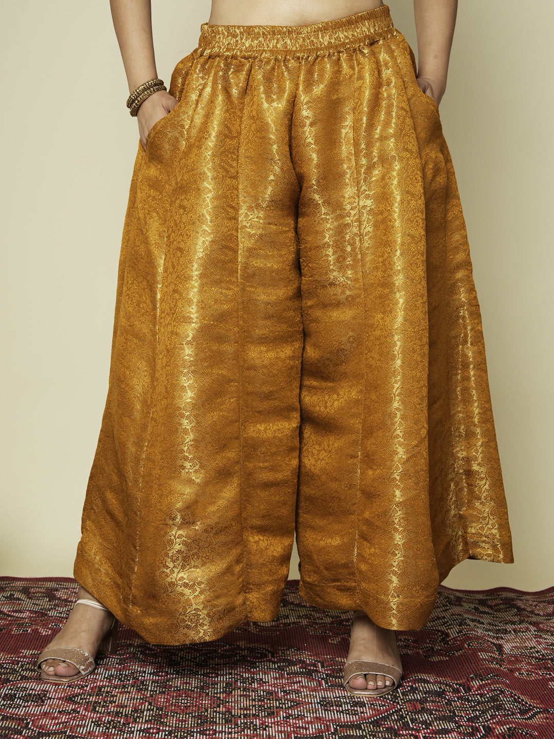 Mustard Floral Brocade Flared Palazzo