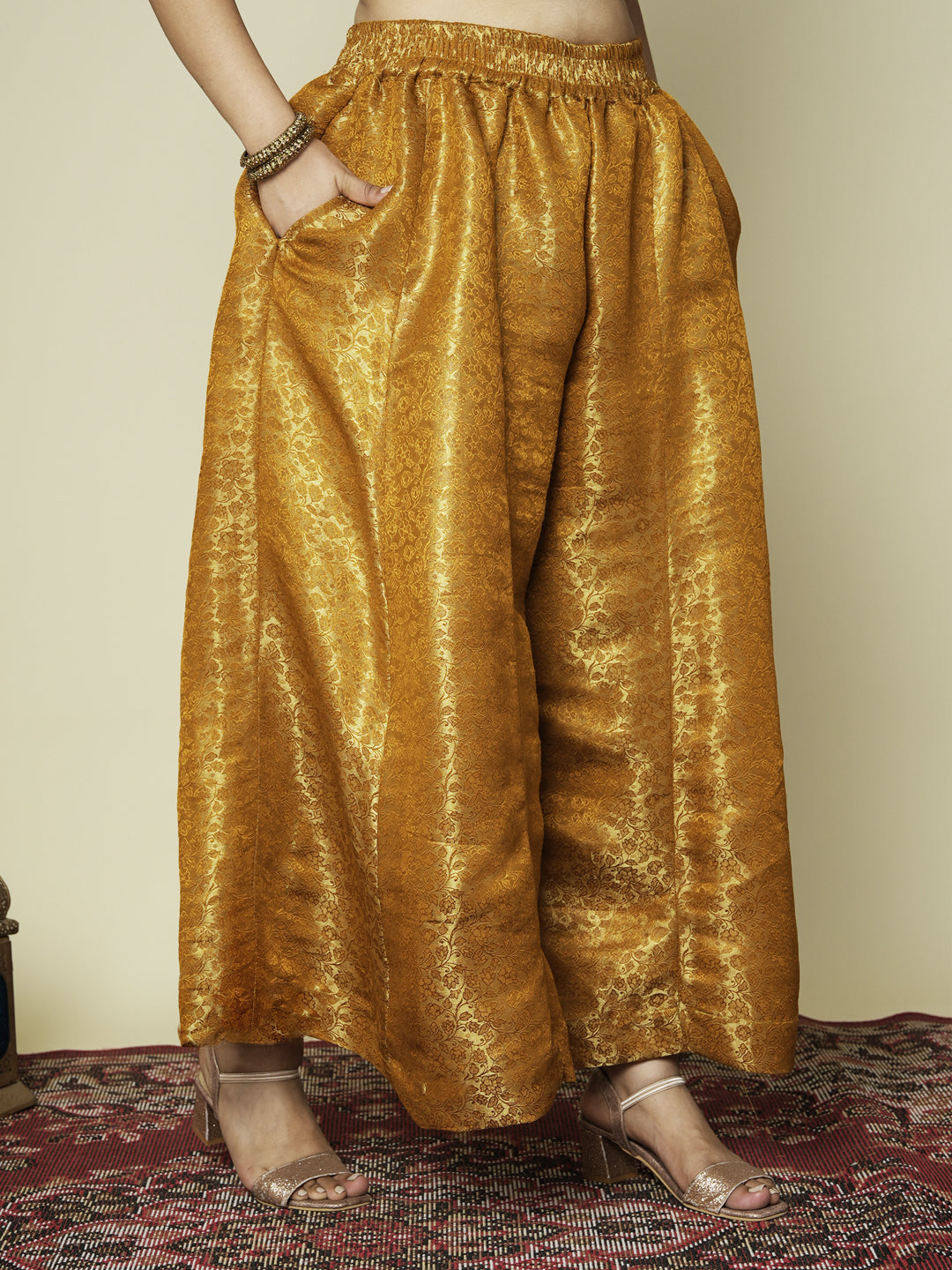 Mustard Floral Brocade Flared Palazzo