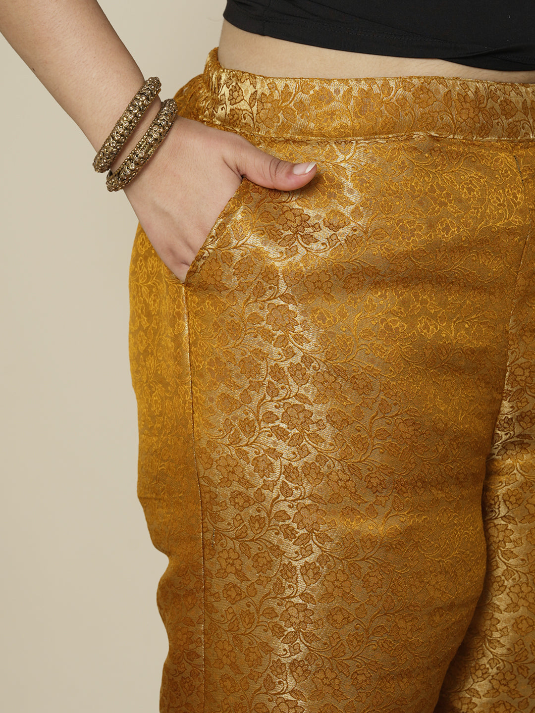 Mustard Floral Brocade Palazzo Pants