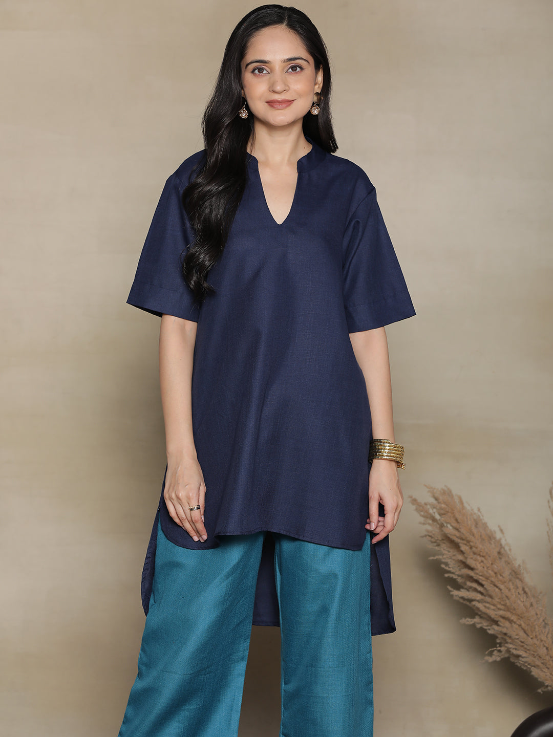 Navy CottonSlub HighLowKurti