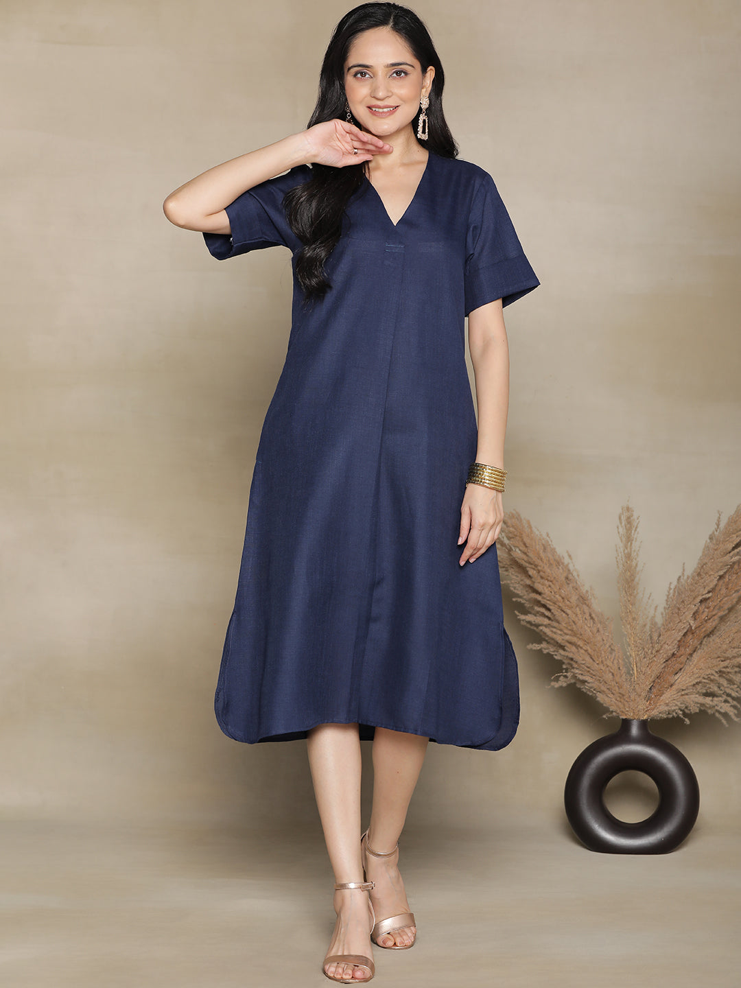 Navy CottonSlub PleatedDress